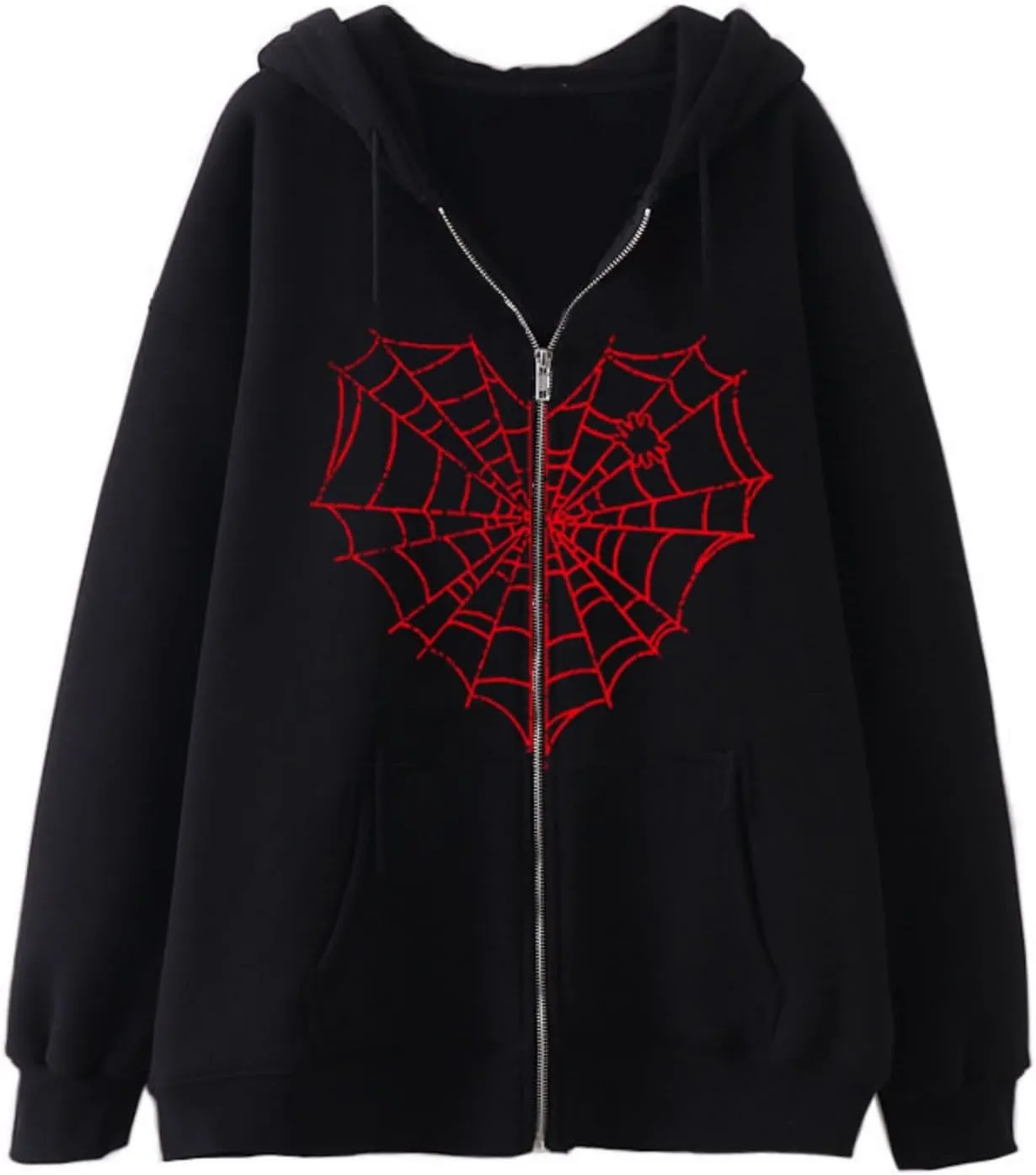 Aobiono Women Men Y2K Zip Up Hoodie Oversized Jacket Gothic Spider Web Graphic Emo Grunge Alt Big Baggy Vintage Streetwear
