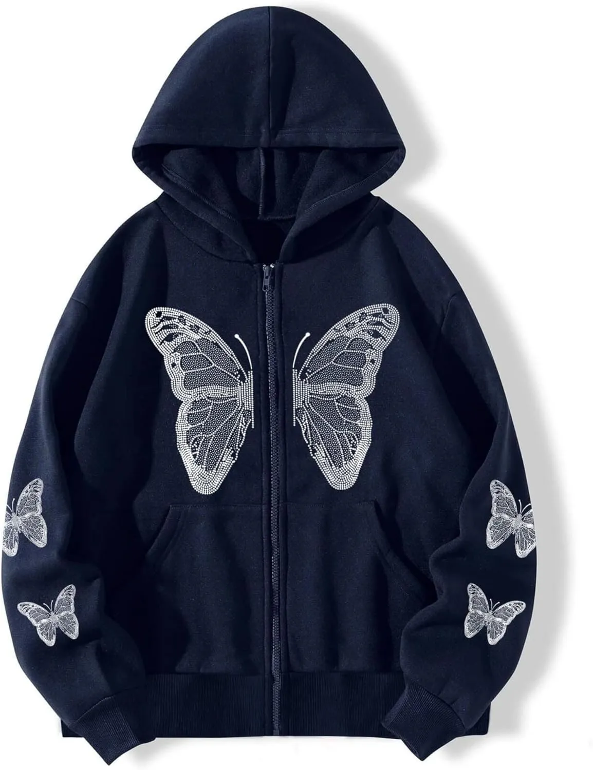 Aobiono Women Men Y2K Zip Up Oversized Hoodie Butterfly Skeleton Rhinestone Gothic Emo Grunge Alt Graphic Baggy Fleece Jacket