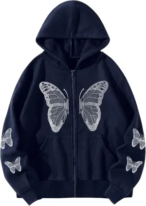 Aobiono Women Men Y2K Zip Up Oversized Hoodie Butterfly Skeleton Rhinestone Gothic Emo Grunge Alt Graphic Baggy Fleece Jacket