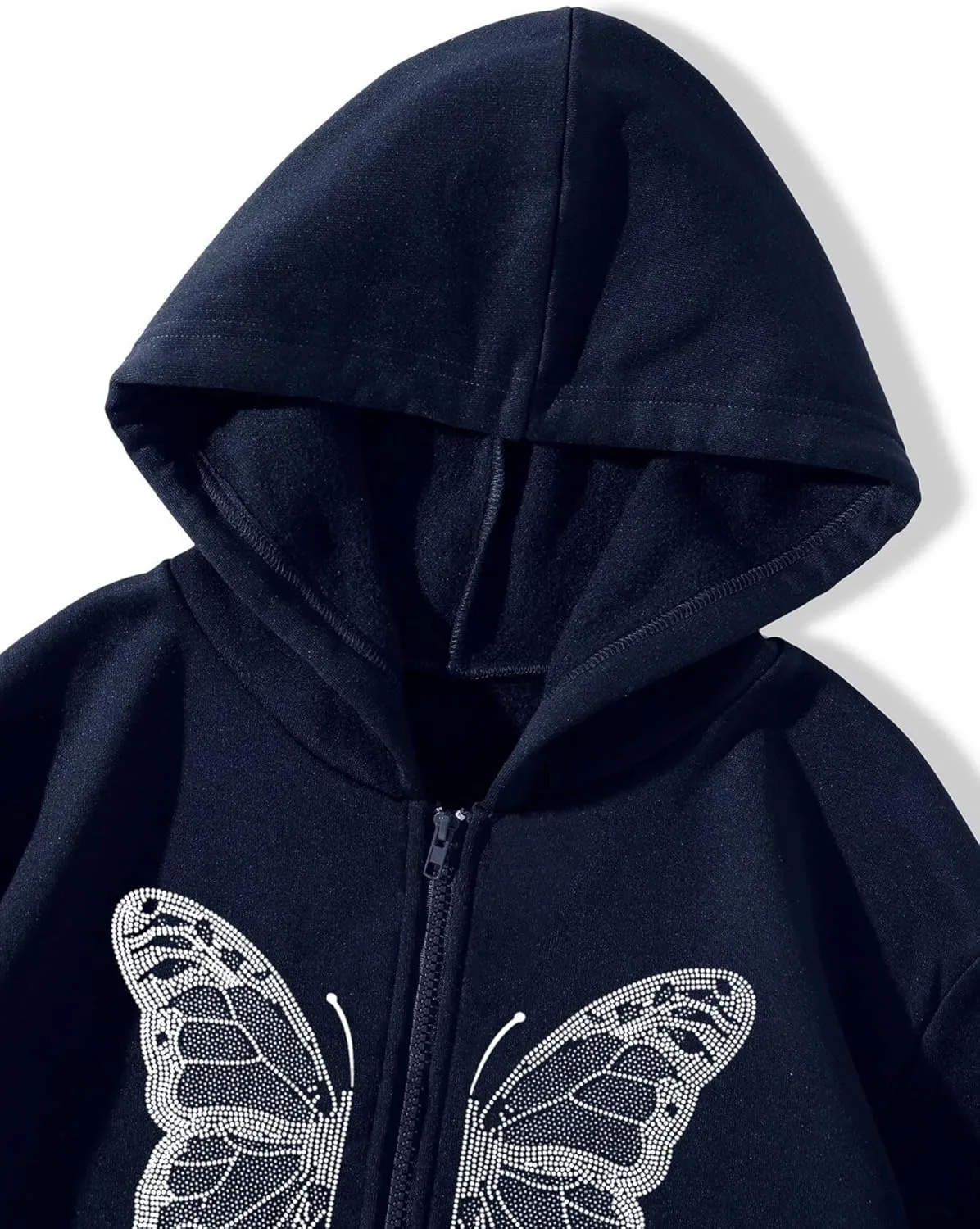 Aobiono Women Men Y2K Zip Up Oversized Hoodie Butterfly Skeleton Rhinestone Gothic Emo Grunge Alt Graphic Baggy Fleece Jacket
