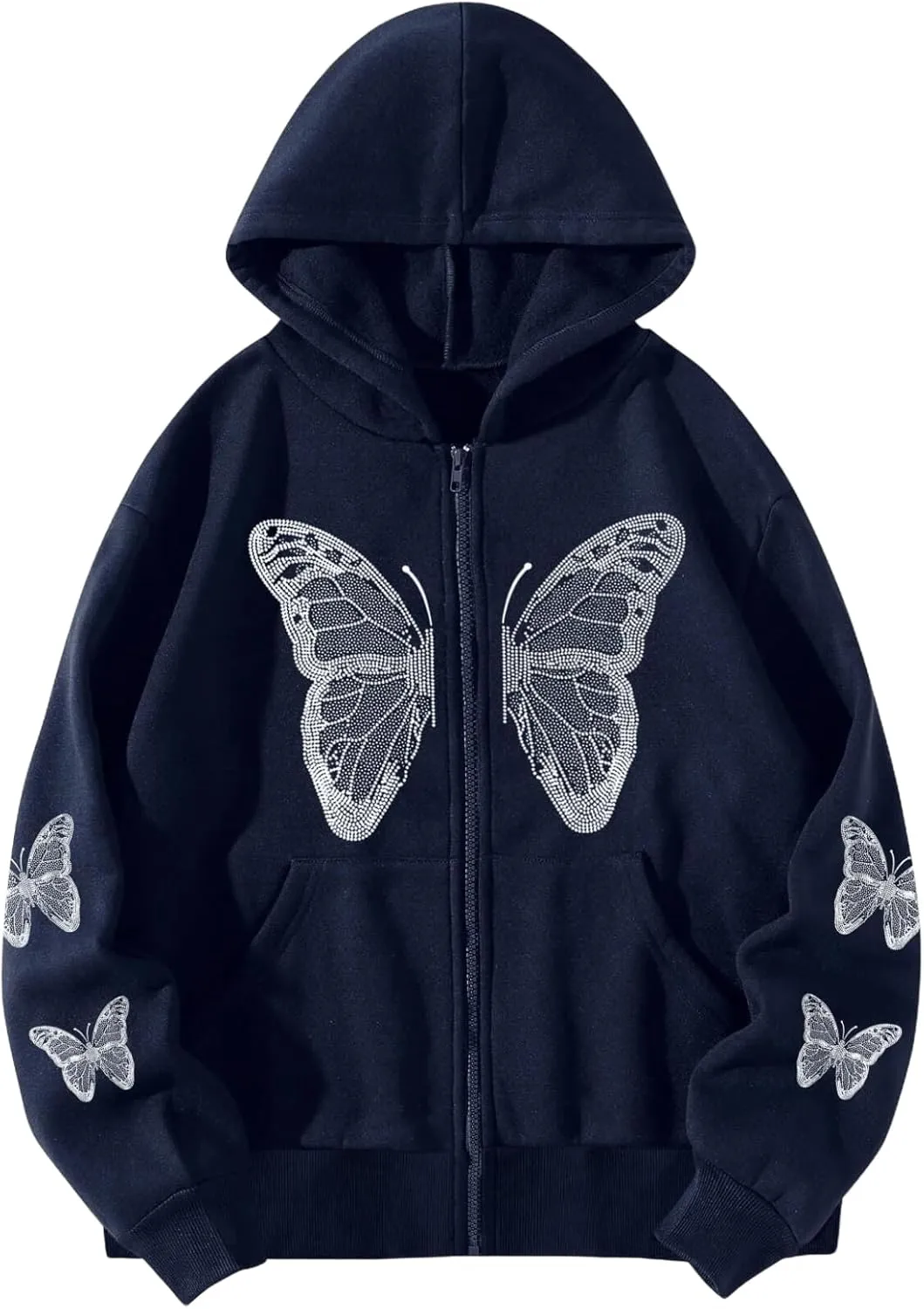 Aobiono Women Men Y2K Zip Up Oversized Hoodie Butterfly Skeleton Rhinestone Gothic Emo Grunge Alt Graphic Baggy Fleece Jacket