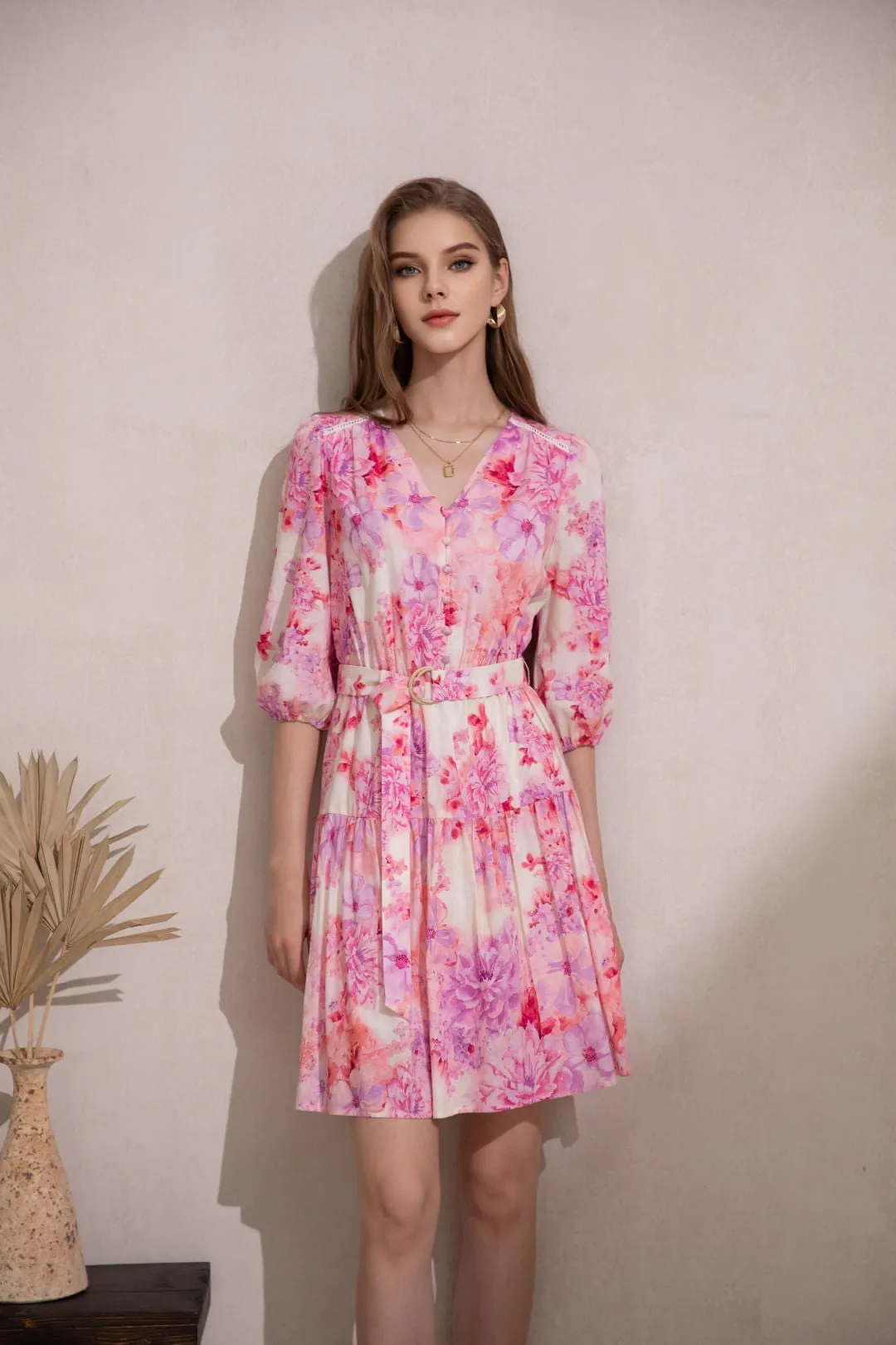 ASPEN FLORAL LINEN SHORT DRESS - Pink*