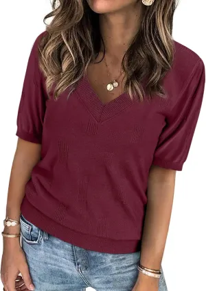ATHMILE Short Sleeve V Neck Sweaters Dressy Casual Blouses Lightweight Thin Knit Fashion Shirts Summer Tops for Women