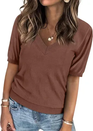 ATHMILE Short Sleeve V Neck Sweaters Dressy Casual Blouses Lightweight Thin Knit Fashion Shirts Summer Tops for Women