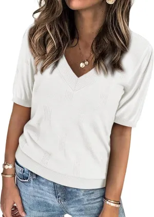 ATHMILE Short Sleeve V Neck Sweaters Dressy Casual Blouses Lightweight Thin Knit Fashion Shirts Summer Tops for Women