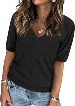 ATHMILE Short Sleeve V Neck Sweaters Dressy Casual Blouses Lightweight Thin Knit Fashion Shirts Summer Tops for Women