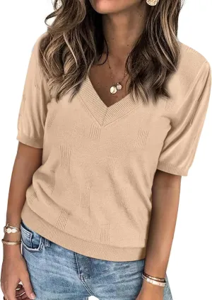 ATHMILE Short Sleeve V Neck Sweaters Dressy Casual Blouses Lightweight Thin Knit Fashion Shirts Summer Tops for Women