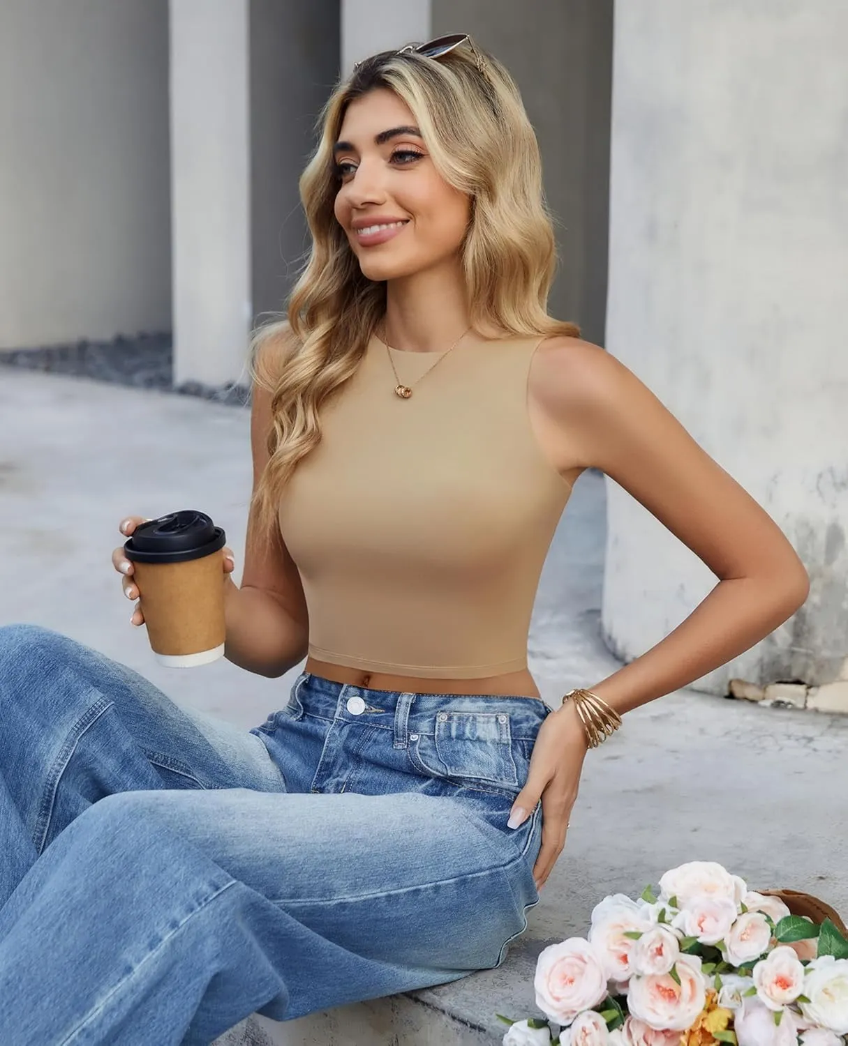 Avidlove Tank Top for Women Sleeveless Double Lined Crop Tops High Neck Racerback Camisole Summer Casual Slim Clothes