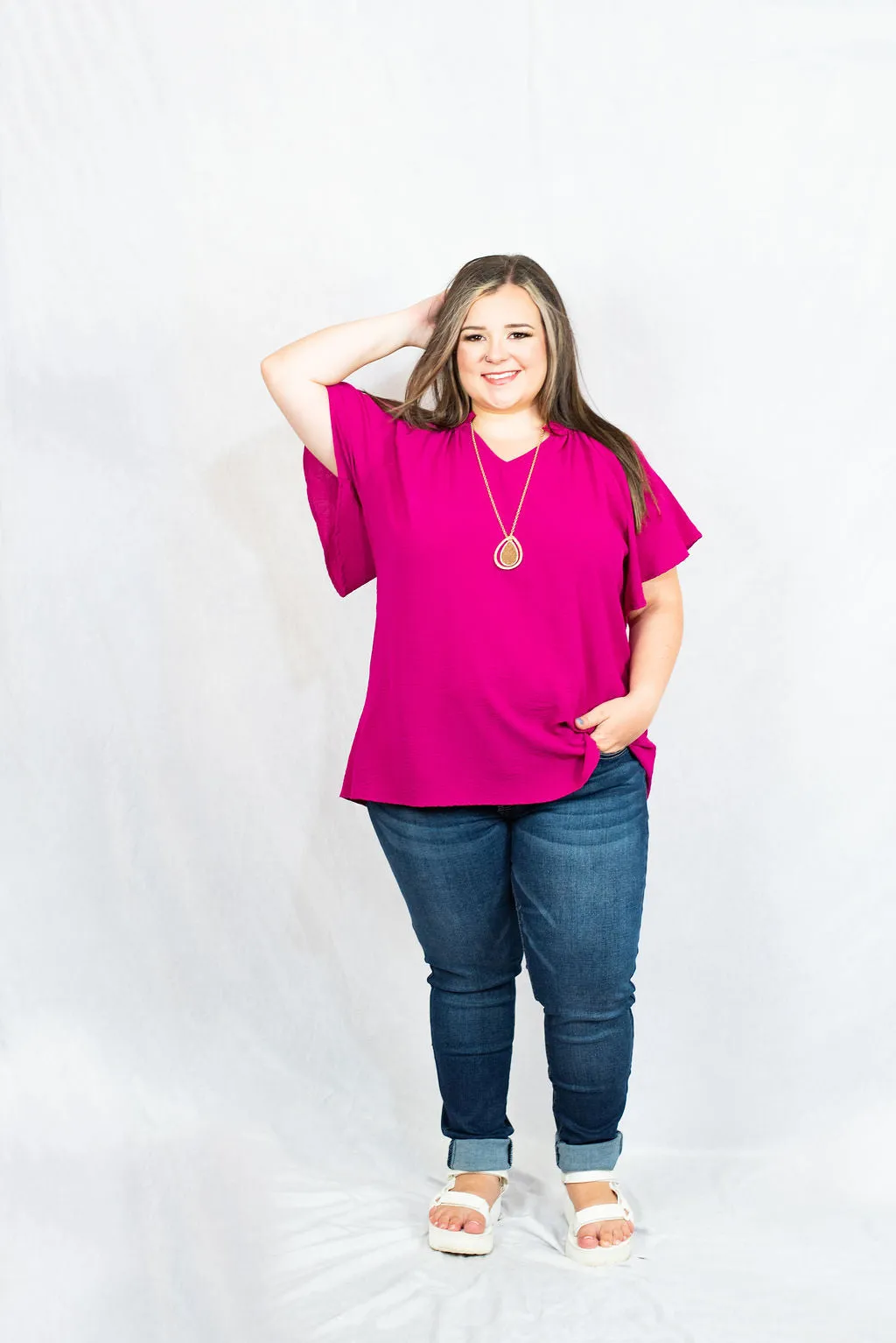 Basic Ruffle Sleeve V-Neck Blouse in Plus Size by Entro Clothing