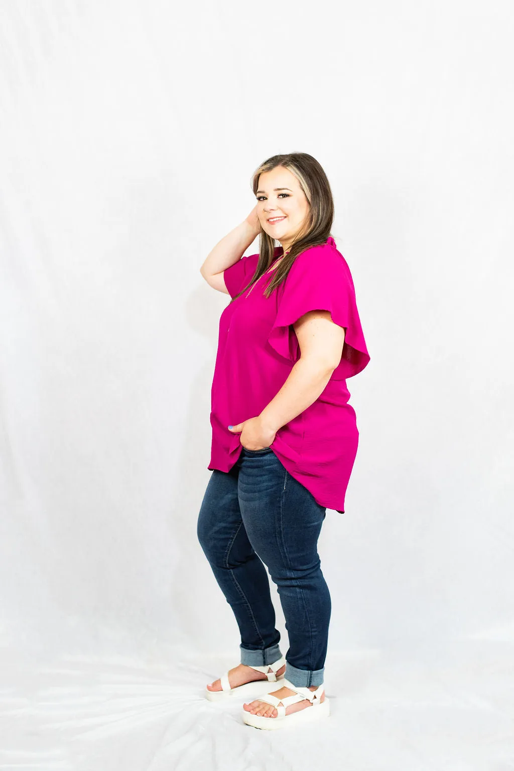 Basic Ruffle Sleeve V-Neck Blouse in Plus Size by Entro Clothing