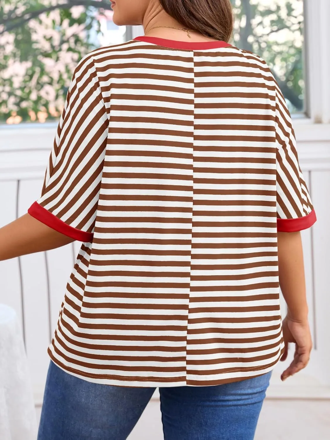 Beautife Womens Plus Size Tops 2025 Summer Oversized Striped Shirts Loose Fit Crew Neck Half Sleeve Tee Shirts