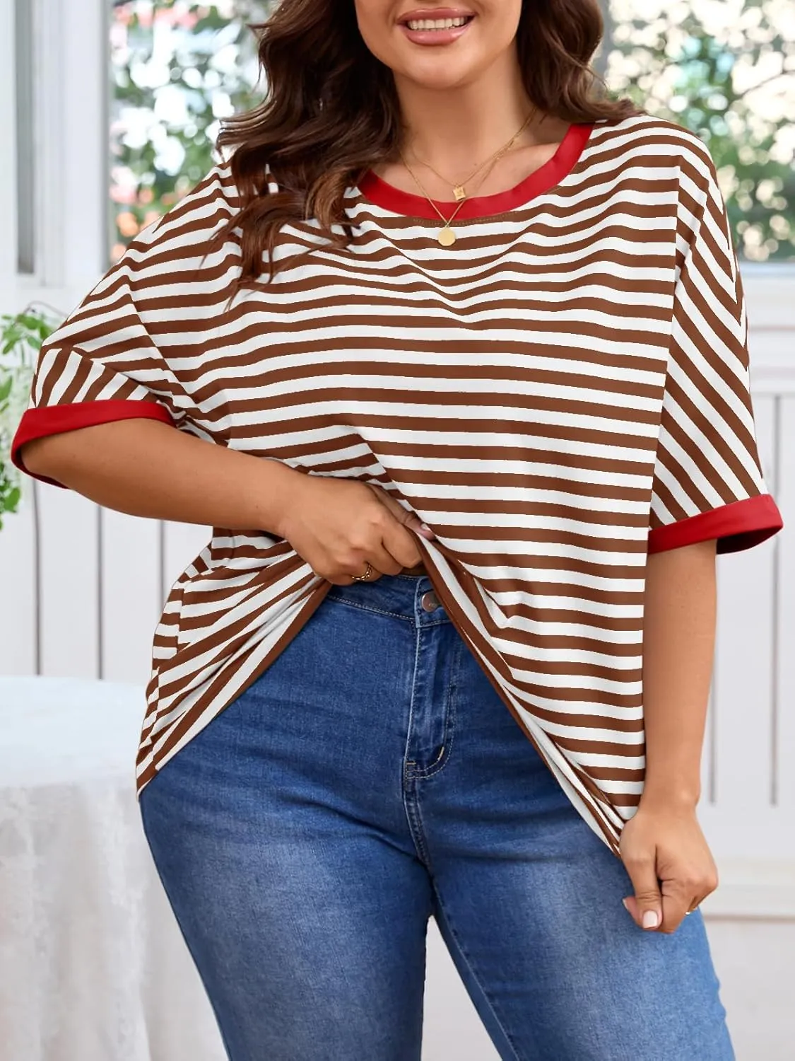 Beautife Womens Plus Size Tops 2025 Summer Oversized Striped Shirts Loose Fit Crew Neck Half Sleeve Tee Shirts