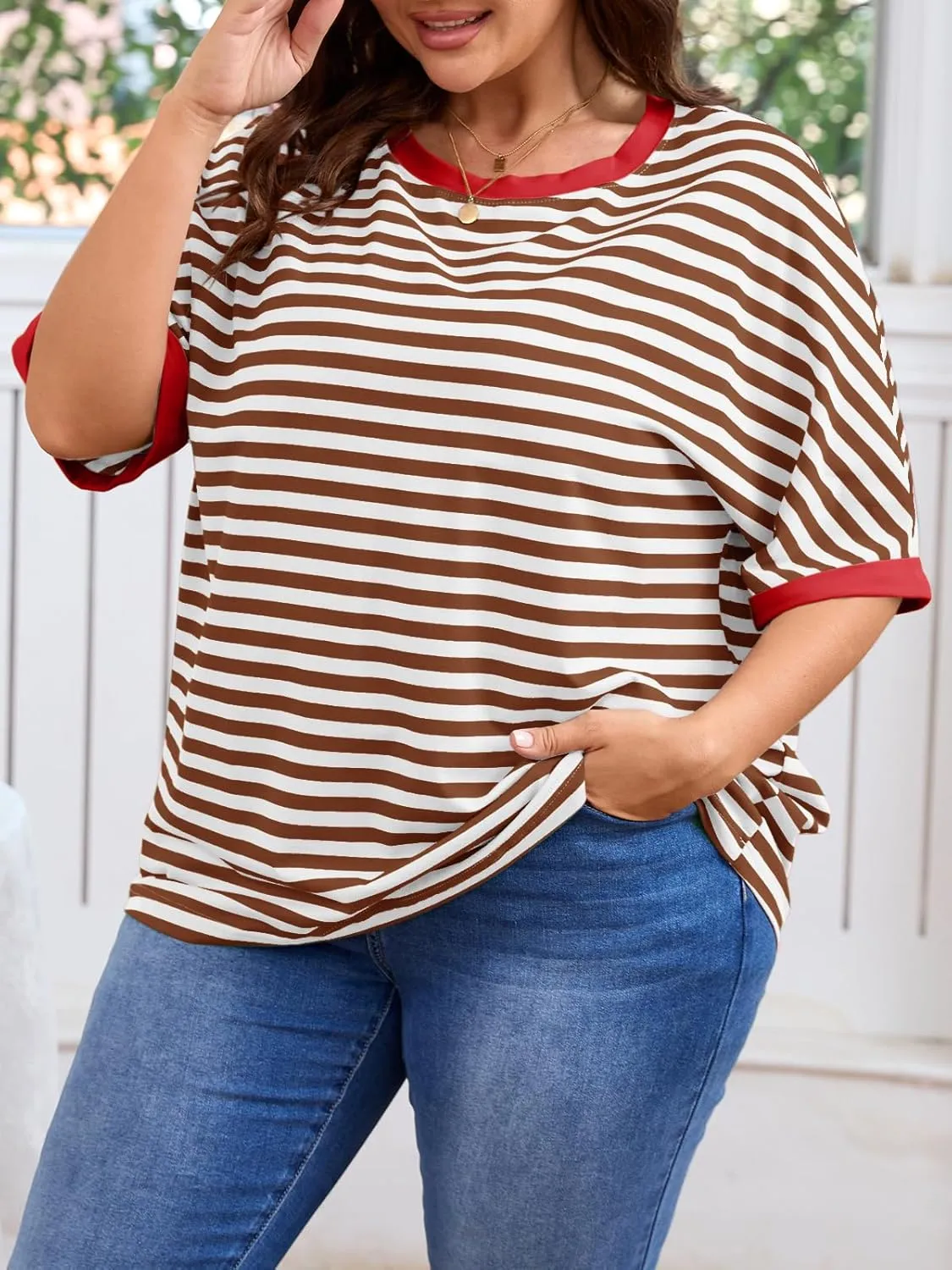 Beautife Womens Plus Size Tops 2025 Summer Oversized Striped Shirts Loose Fit Crew Neck Half Sleeve Tee Shirts