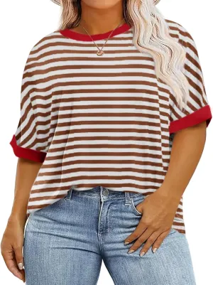 Beautife Womens Plus Size Tops 2025 Summer Oversized Striped Shirts Loose Fit Crew Neck Half Sleeve Tee Shirts