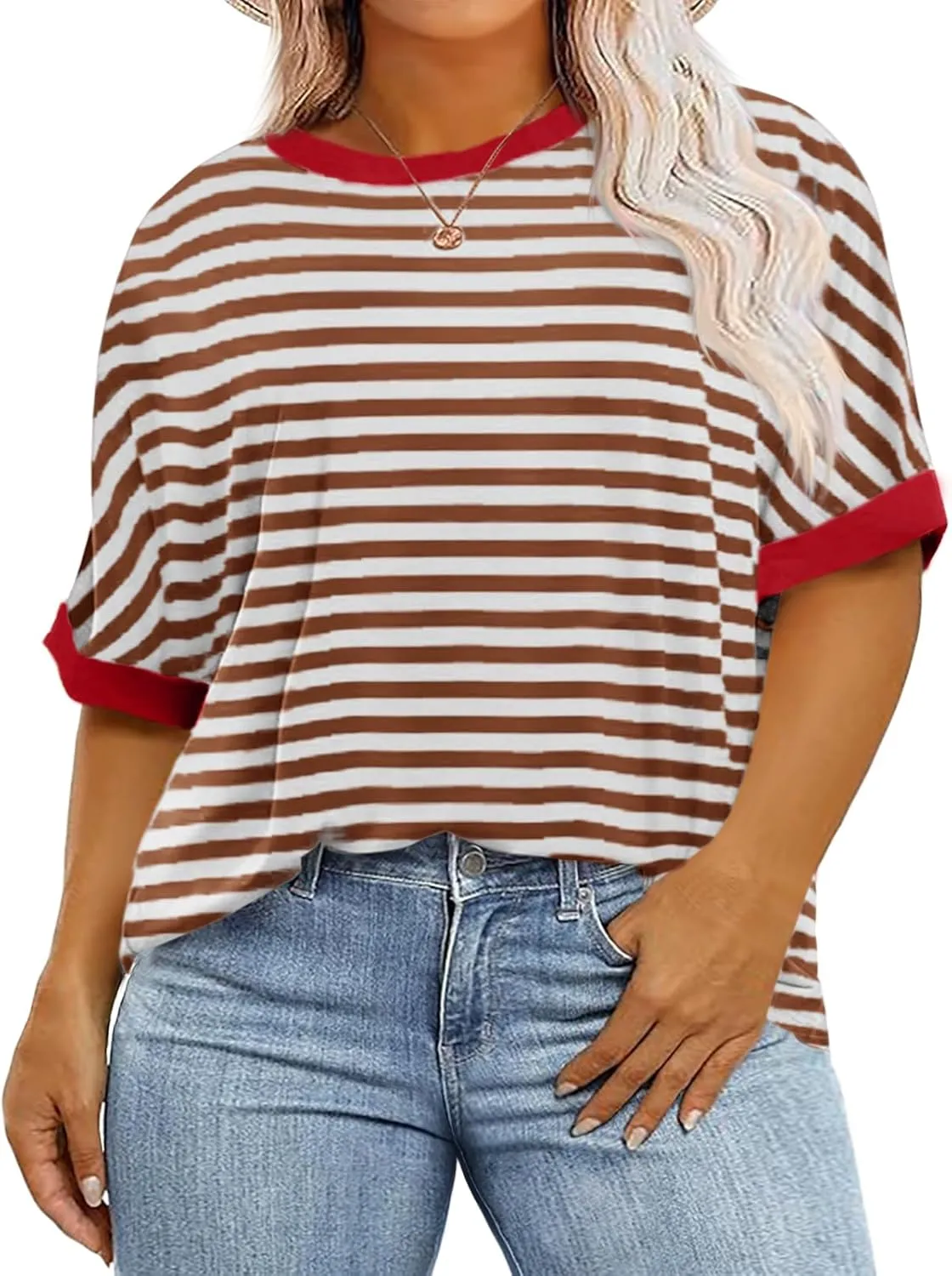 Beautife Womens Plus Size Tops 2025 Summer Oversized Striped Shirts Loose Fit Crew Neck Half Sleeve Tee Shirts