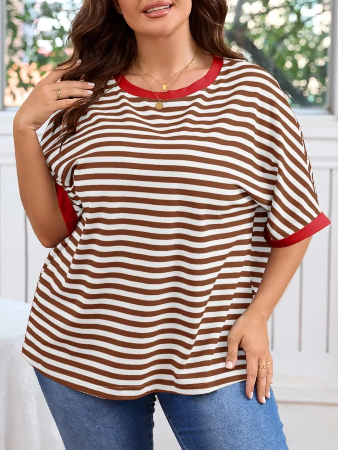 Beautife Womens Plus Size Tops 2025 Summer Oversized Striped Shirts Loose Fit Crew Neck Half Sleeve Tee Shirts