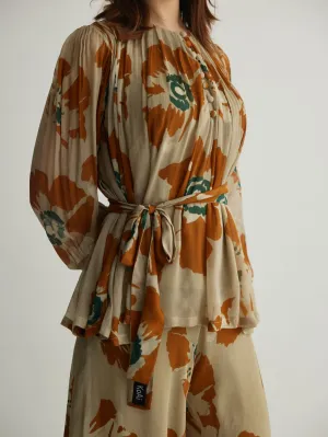 BEIGE AND RUST FLORAL PLEATED TOP