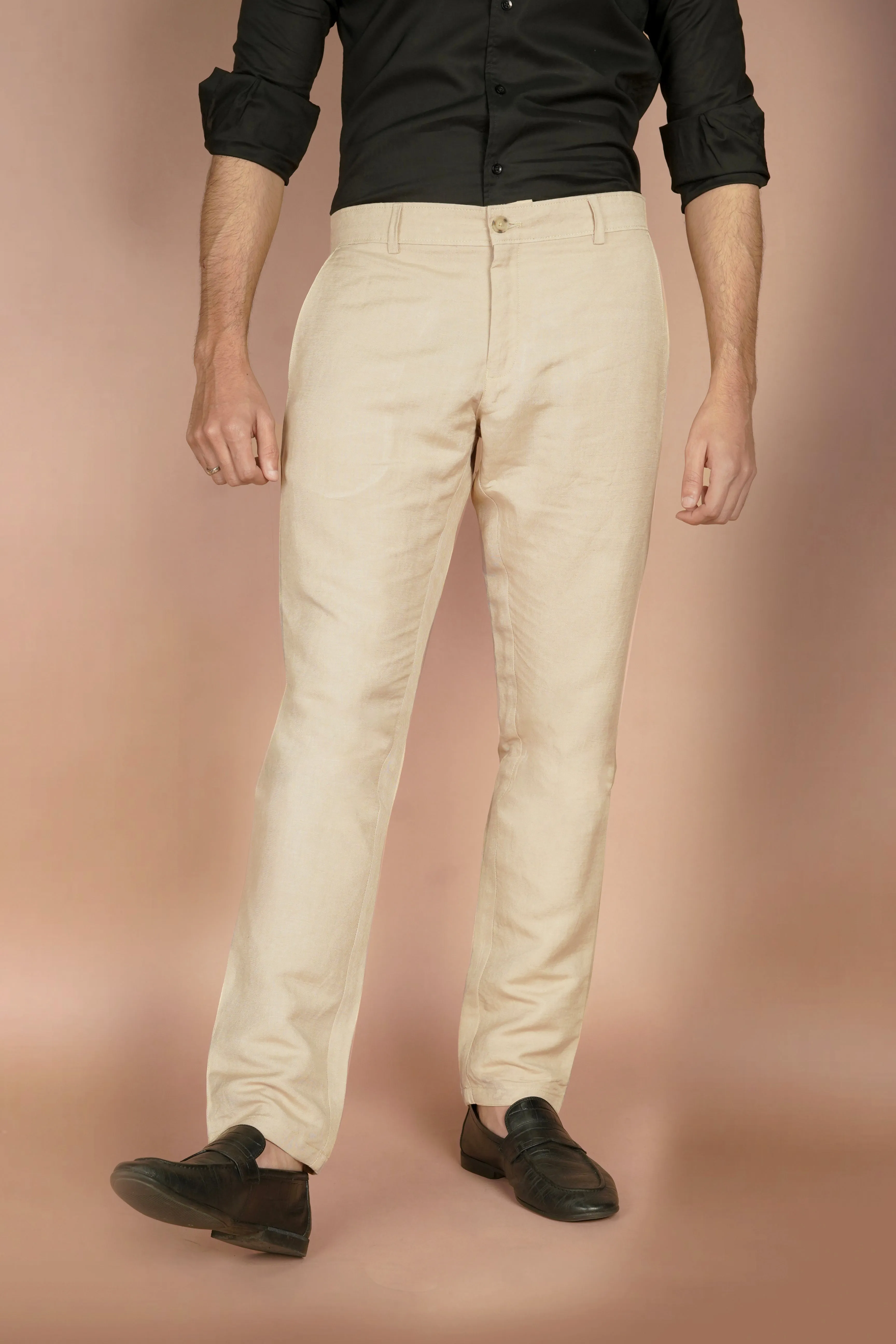 Beige Herringbone Linen Trousers