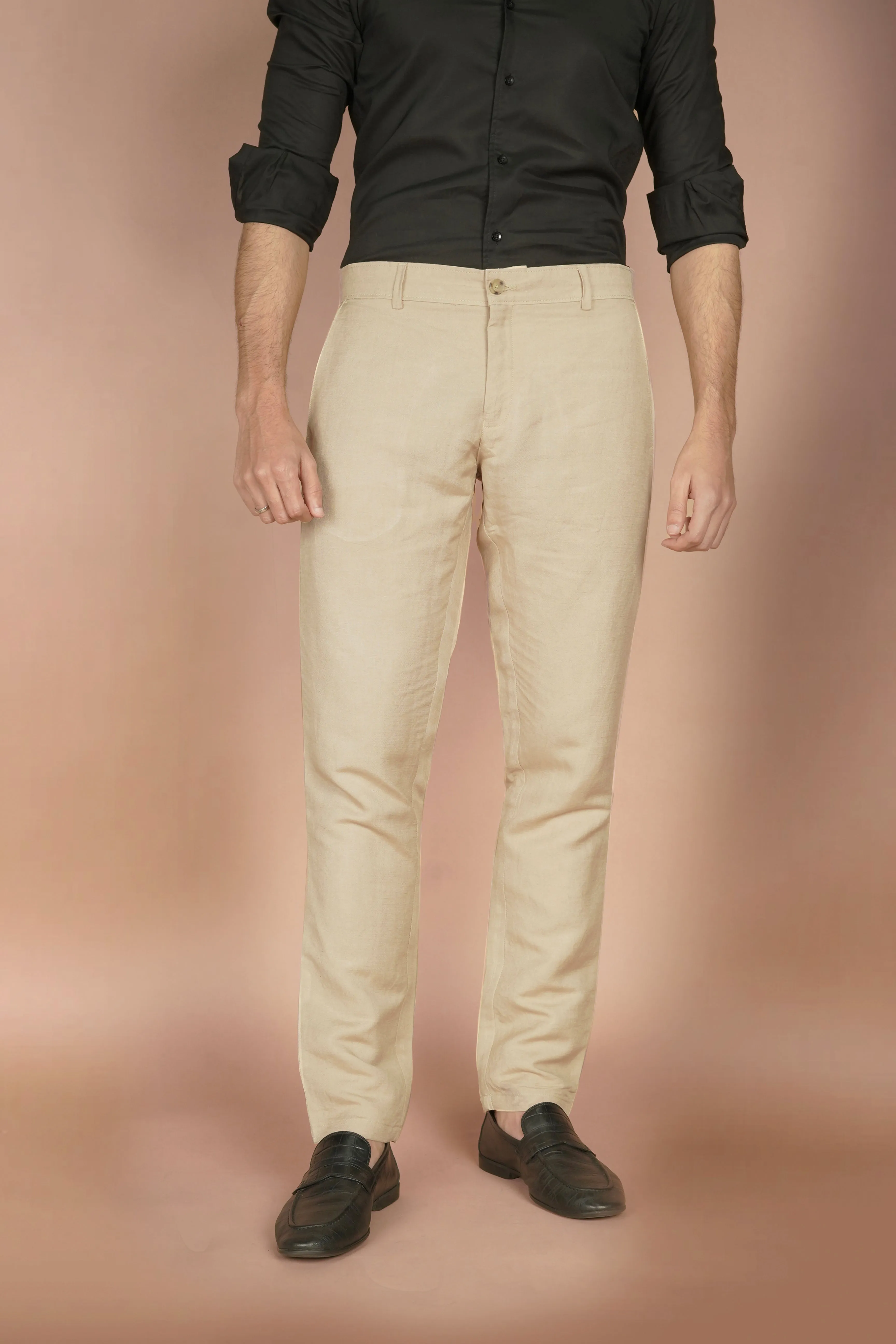 Beige Herringbone Linen Trousers