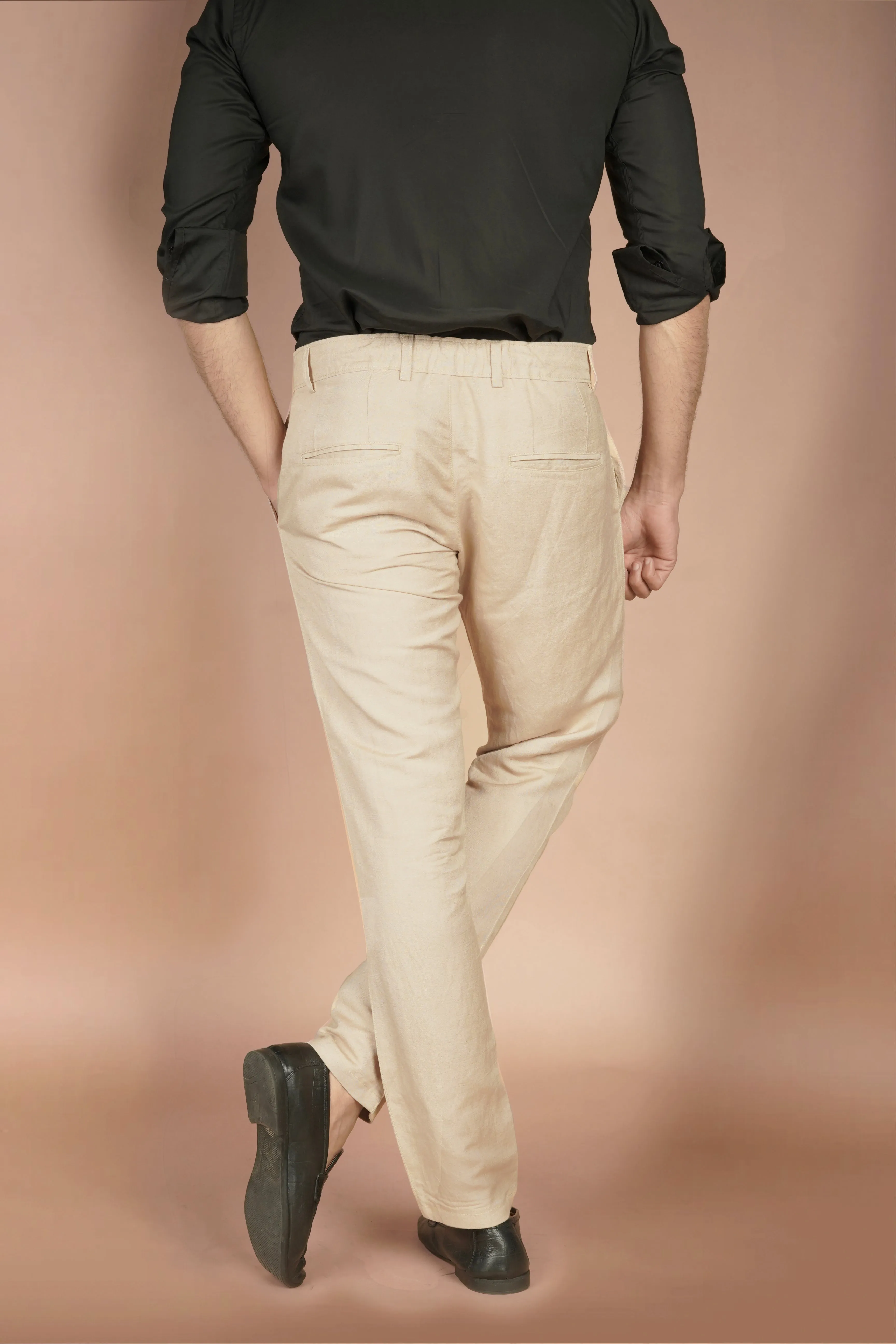 Beige Herringbone Linen Trousers