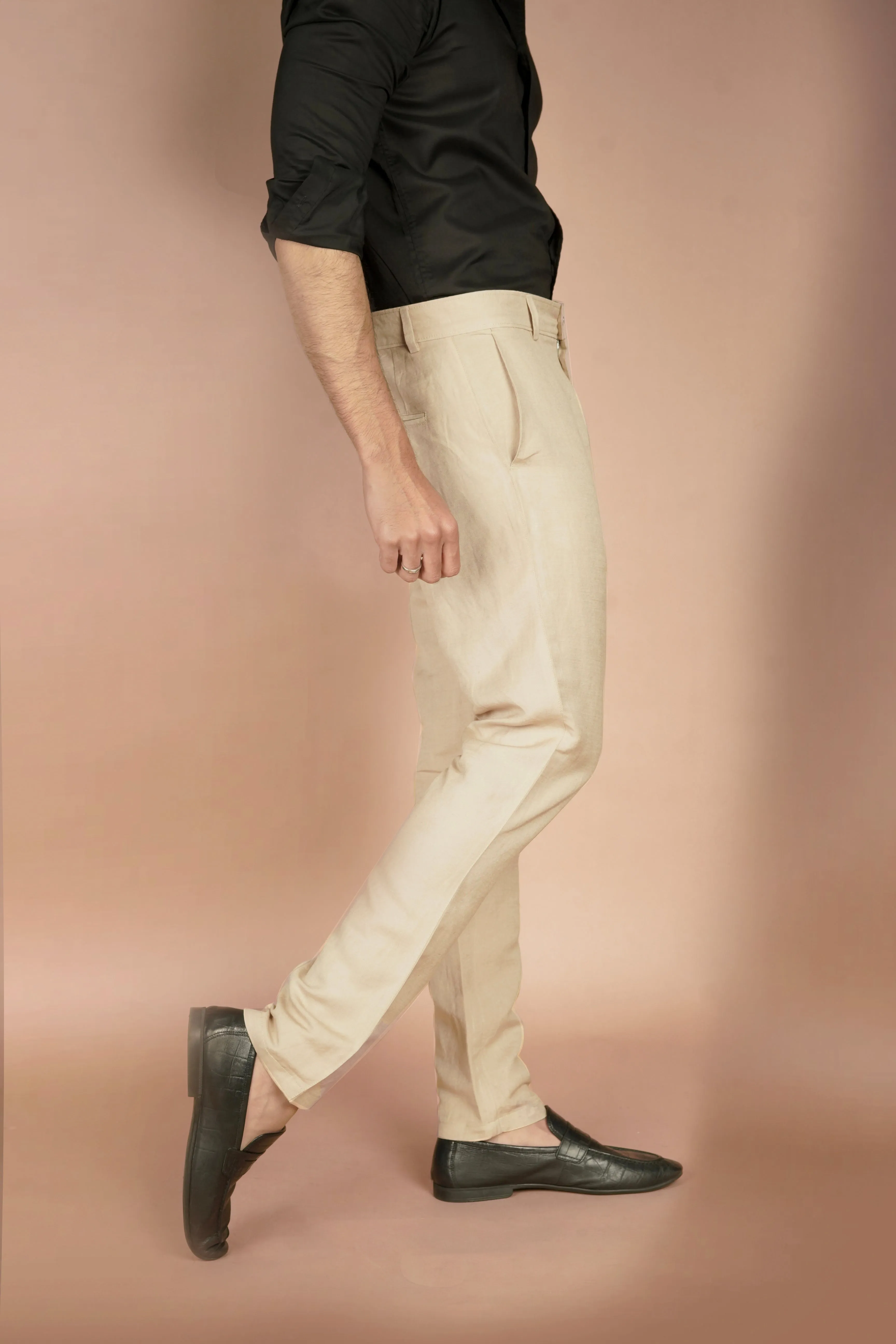 Beige Herringbone Linen Trousers