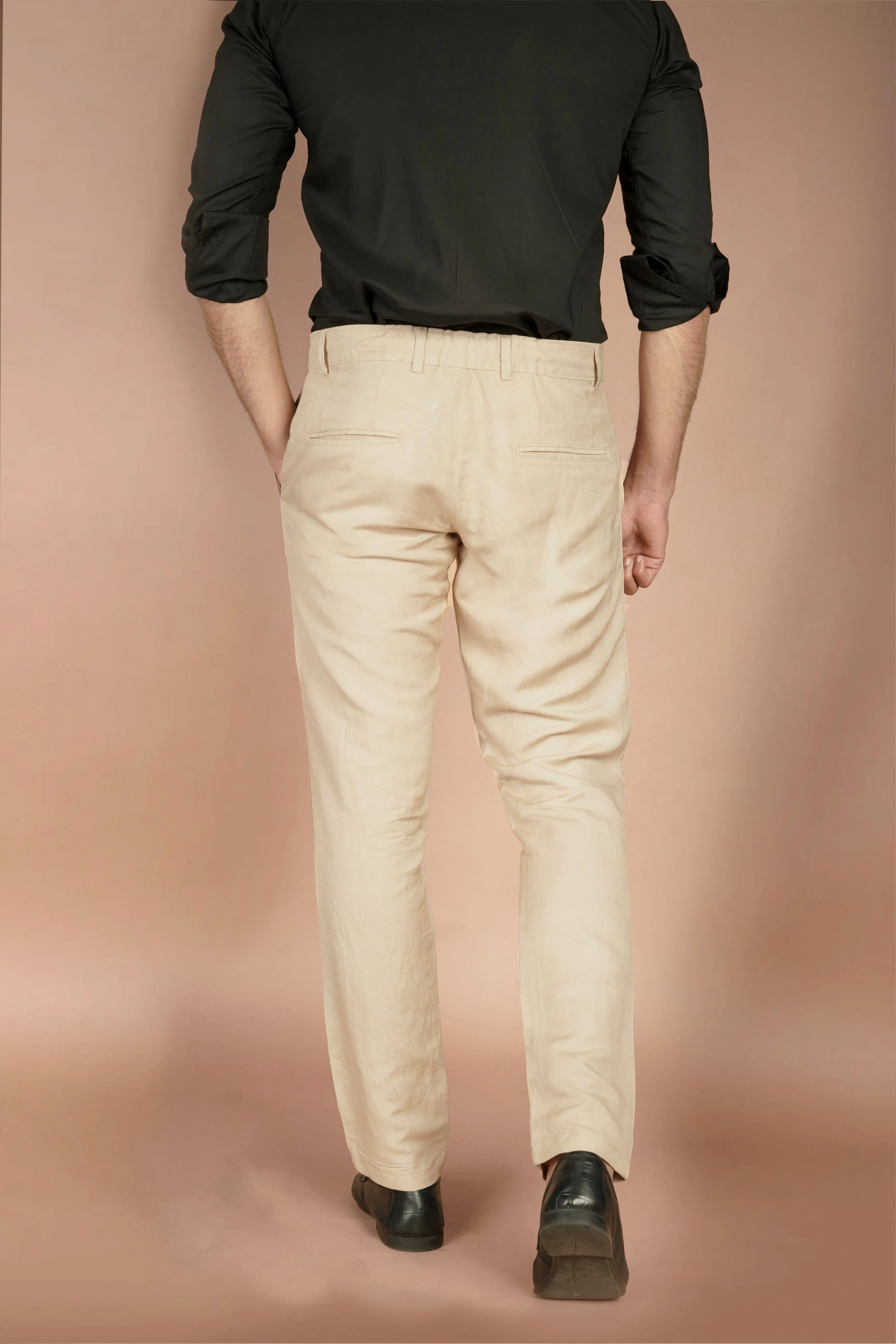 Beige Herringbone Linen Trousers