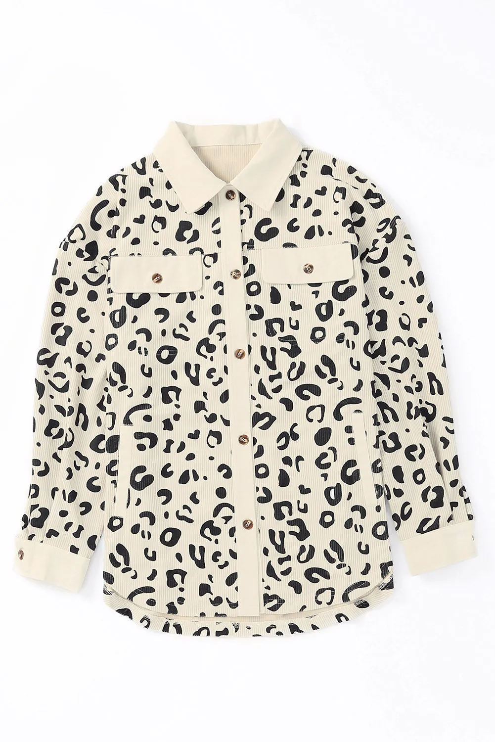 Beige Leopard Print Flap Pocket Corduroy Jacket