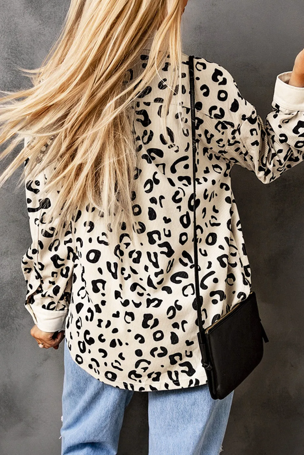 Beige Leopard Print Flap Pocket Corduroy Jacket