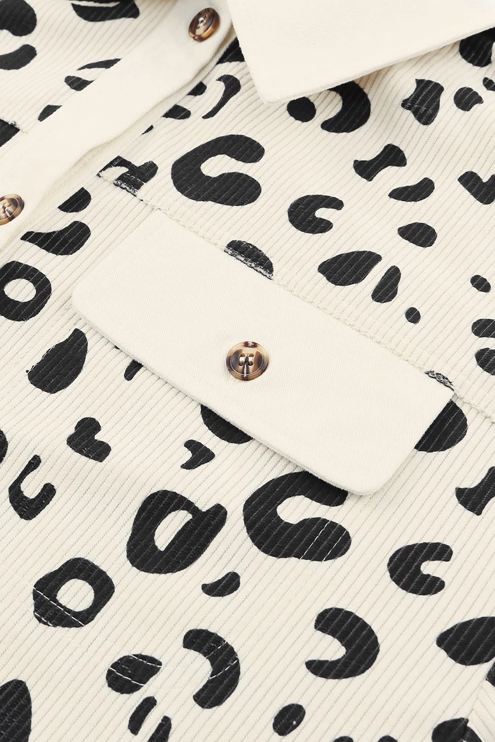 Beige Leopard Print Flap Pocket Corduroy Jacket