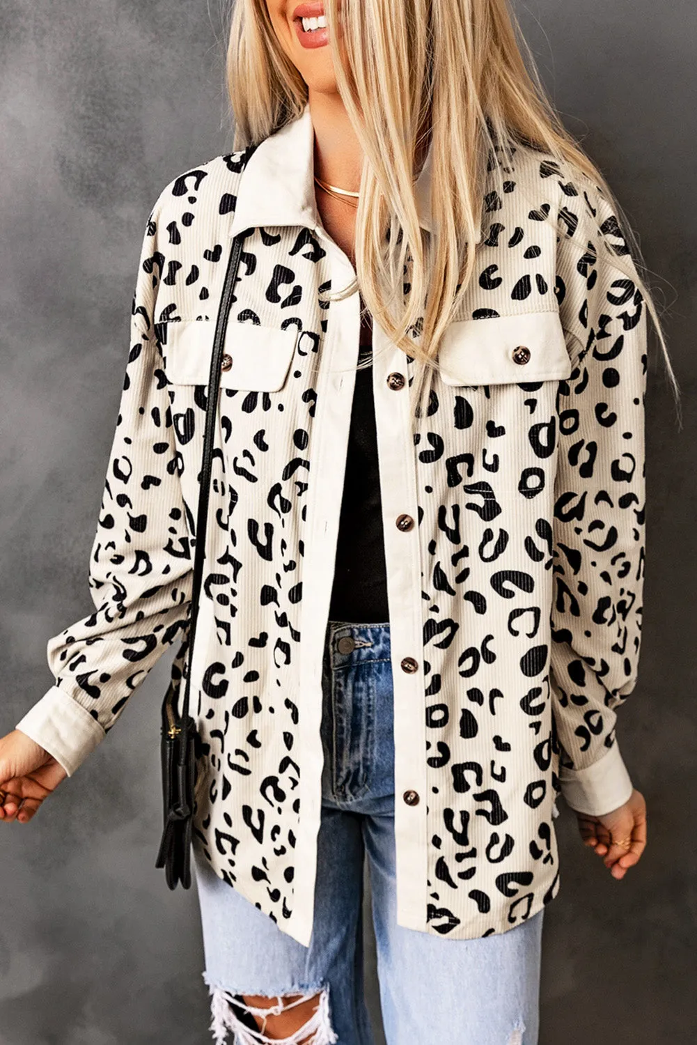 Beige Leopard Print Flap Pocket Corduroy Jacket