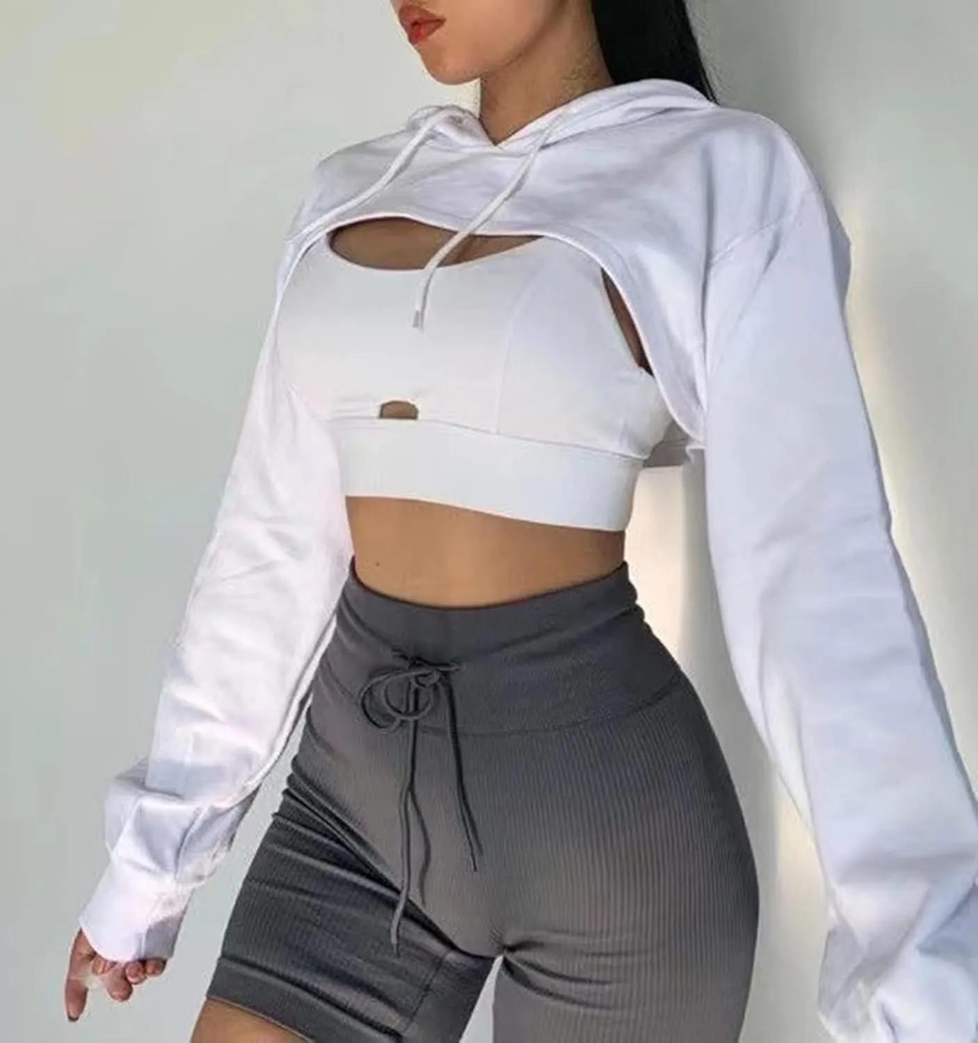 BEJONS Women Long Sleeve Cropped Super Crop Top Hoodies Sweatshirt Aesthetic Punk Hip Hop Dance Sexy Rave Cloth