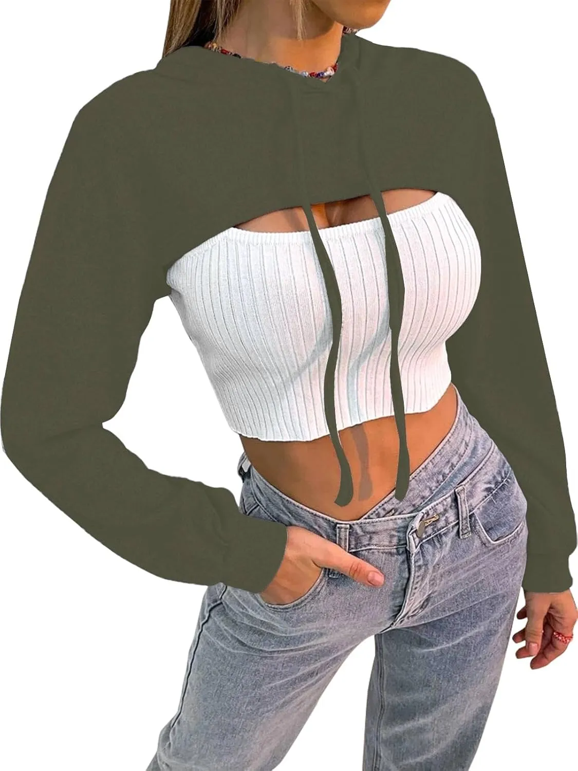 BEJONS Women Long Sleeve Cropped Super Crop Top Hoodies Sweatshirt Aesthetic Punk Hip Hop Dance Sexy Rave Cloth