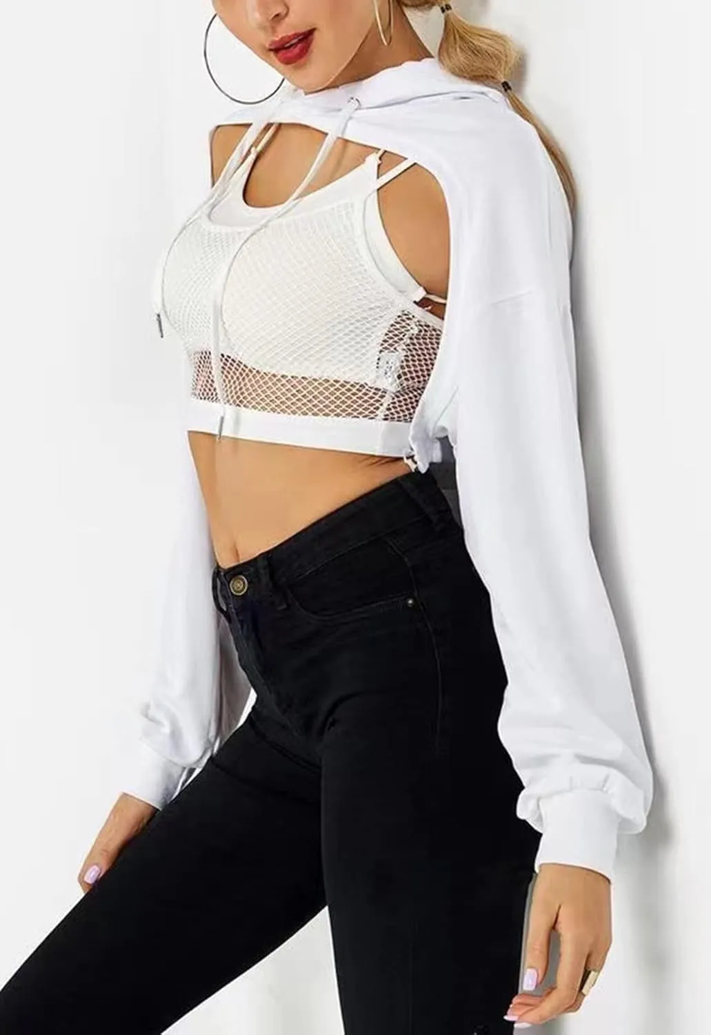 BEJONS Women Long Sleeve Cropped Super Crop Top Hoodies Sweatshirt Aesthetic Punk Hip Hop Dance Sexy Rave Cloth