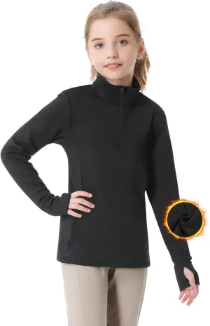 beroy Girls Fleece Long Sleeve Shirts Half Zip Equestrain Shirt Thermal Kids Horse Riding Shirts Thumbhole Pockets