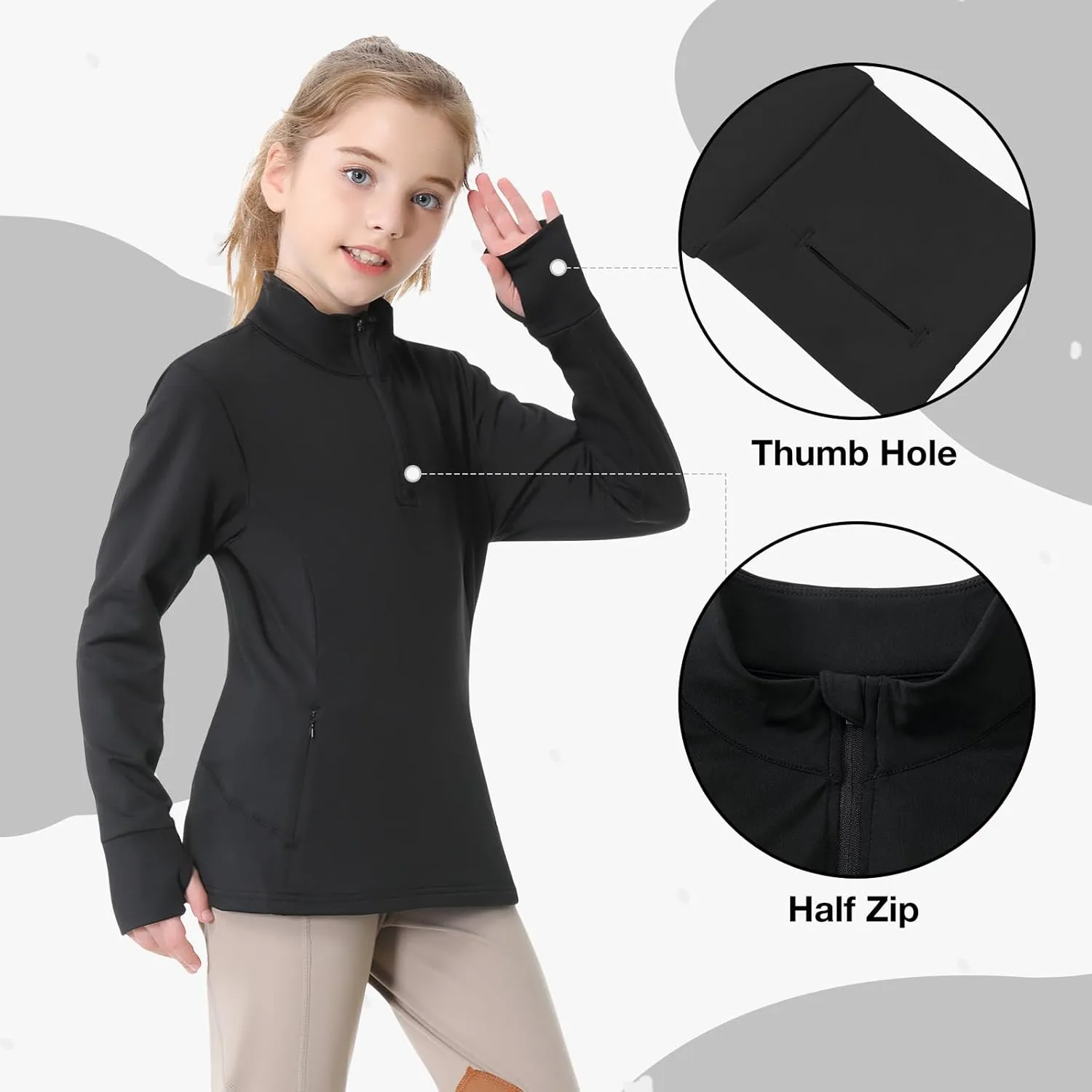 beroy Girls Fleece Long Sleeve Shirts Half Zip Equestrain Shirt Thermal Kids Horse Riding Shirts Thumbhole Pockets