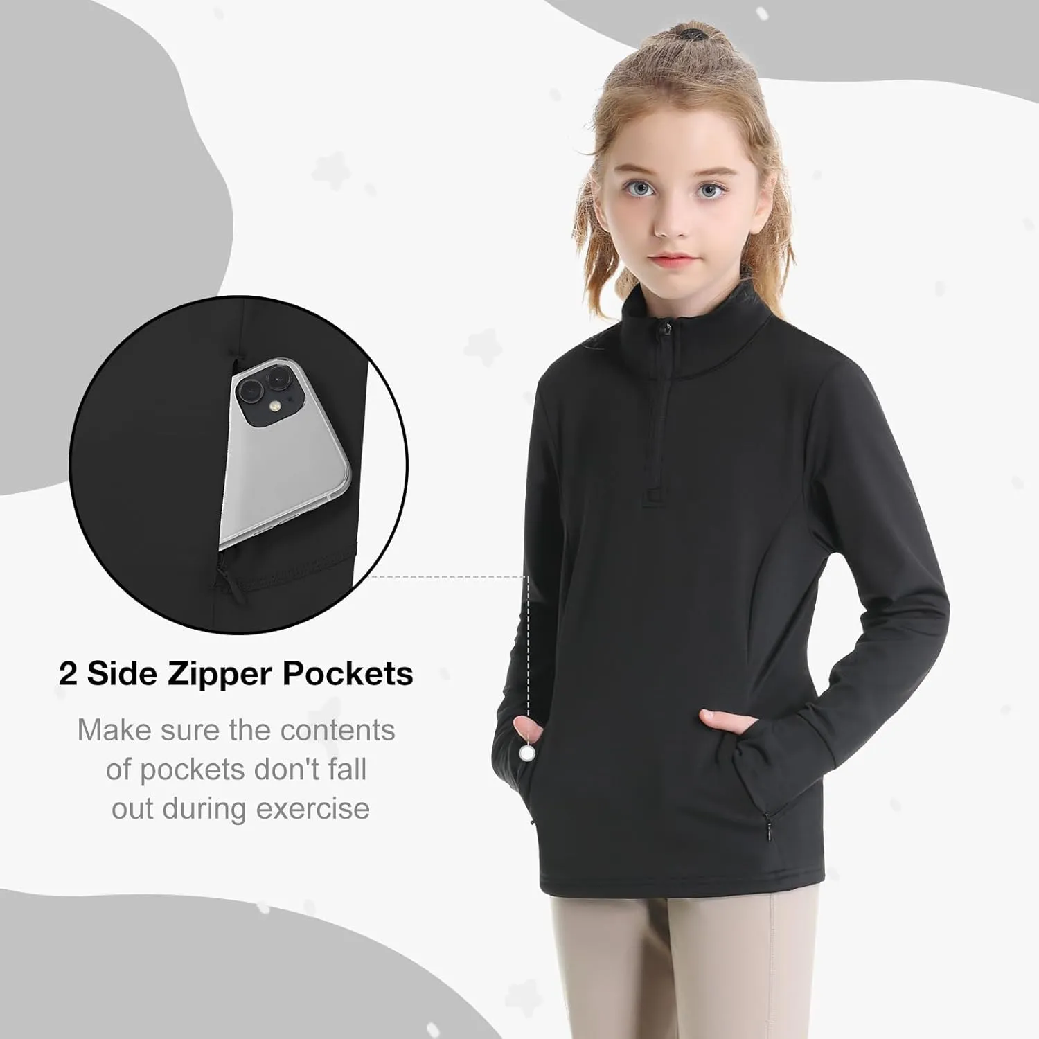 beroy Girls Fleece Long Sleeve Shirts Half Zip Equestrain Shirt Thermal Kids Horse Riding Shirts Thumbhole Pockets