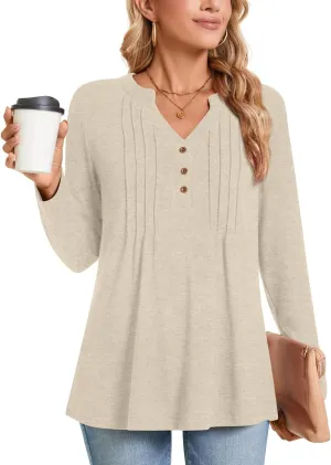 Bestbee Women's Long Sleeve Tunic Tops Pleated Button-Down Shirts 2024 Fall Tops V Neck Dressy Blouses Casual T-Shirts