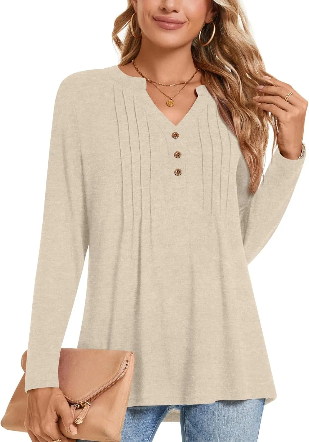 Bestbee Women's Long Sleeve Tunic Tops Pleated Button-Down Shirts 2024 Fall Tops V Neck Dressy Blouses Casual T-Shirts
