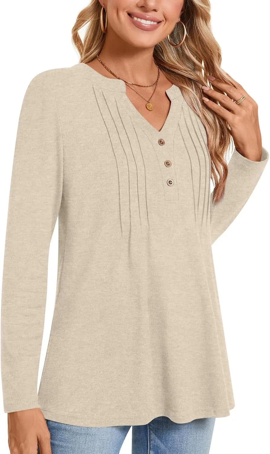 Bestbee Women's Long Sleeve Tunic Tops Pleated Button-Down Shirts 2024 Fall Tops V Neck Dressy Blouses Casual T-Shirts