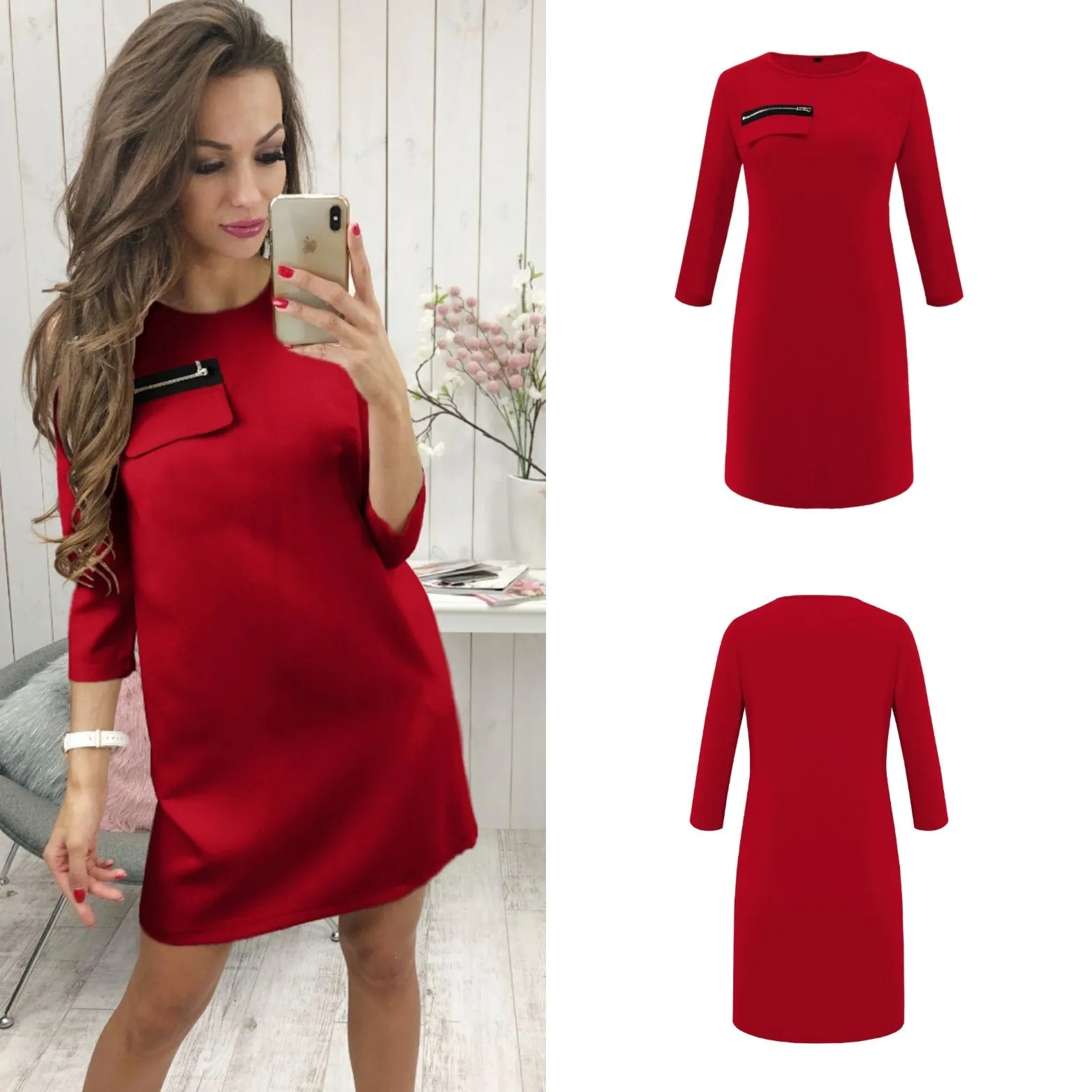 Black 3/4 Length Sleeve Plain Casual Crew Neck Mini Dress