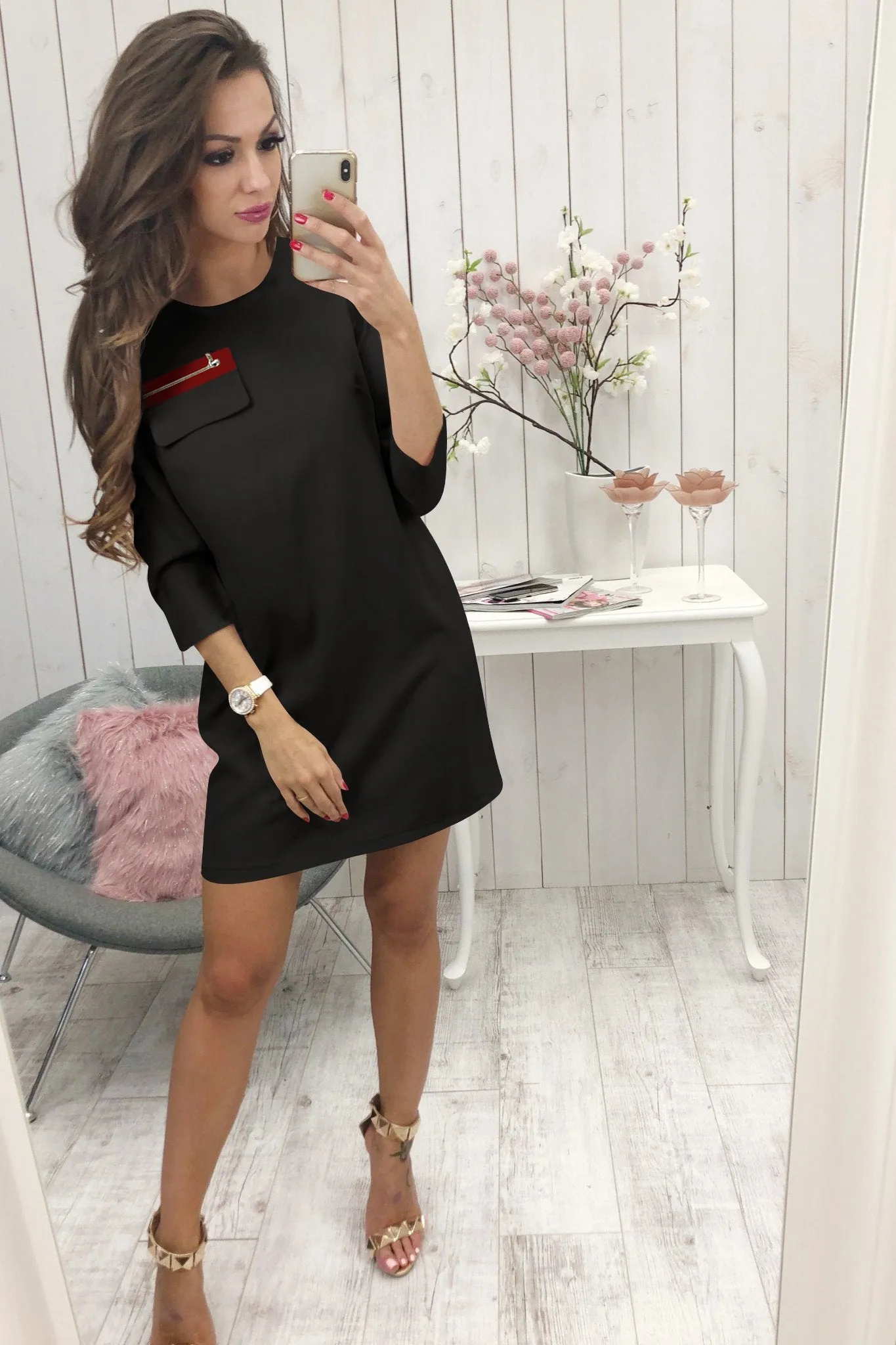 Black 3/4 Length Sleeve Plain Casual Crew Neck Mini Dress