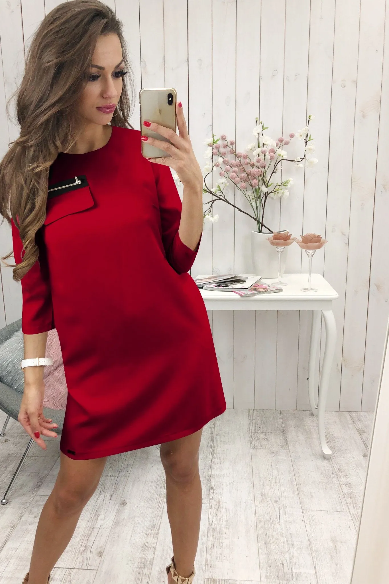Black 3/4 Length Sleeve Plain Casual Crew Neck Mini Dress