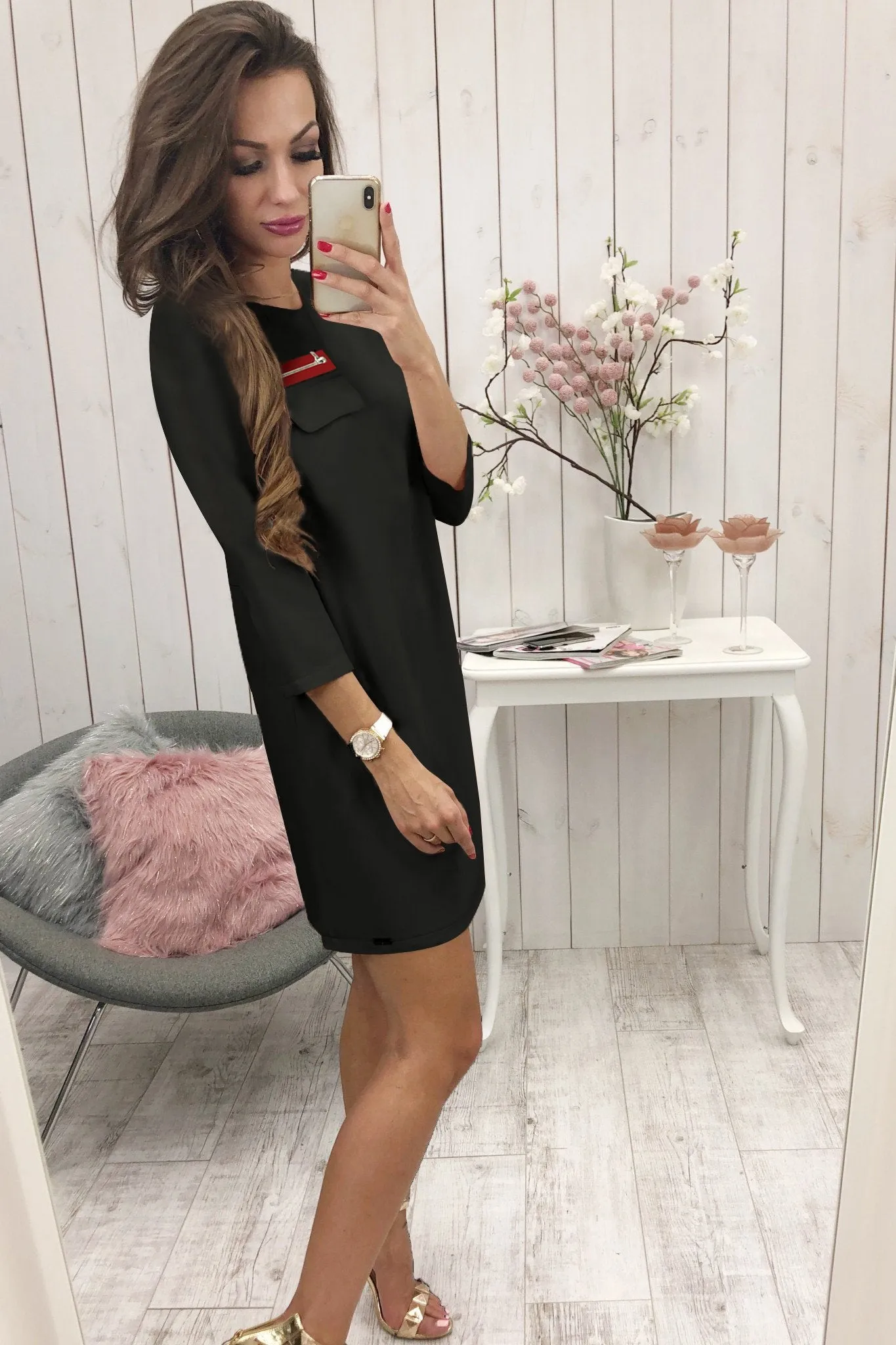 Black 3/4 Length Sleeve Plain Casual Crew Neck Mini Dress
