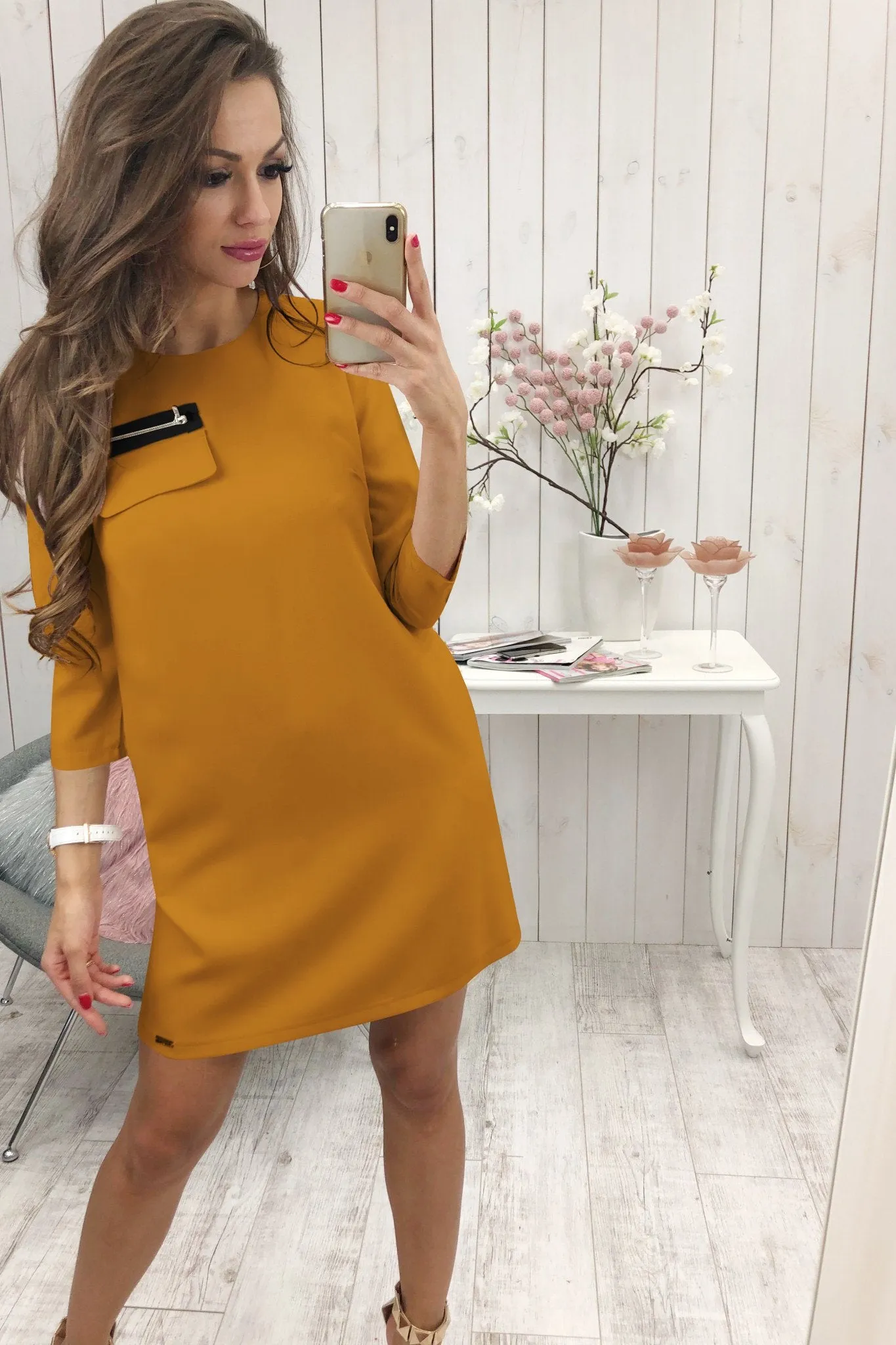 Black 3/4 Length Sleeve Plain Casual Crew Neck Mini Dress