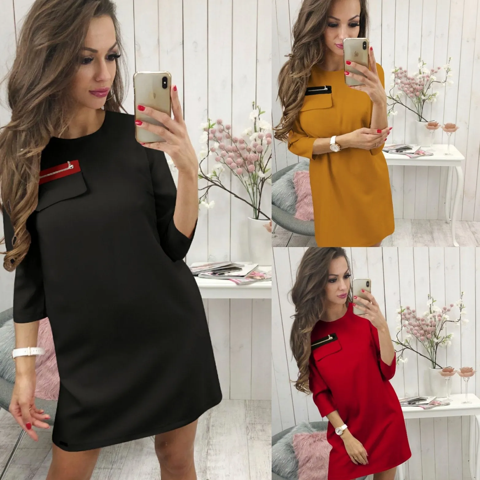 Black 3/4 Length Sleeve Plain Casual Crew Neck Mini Dress