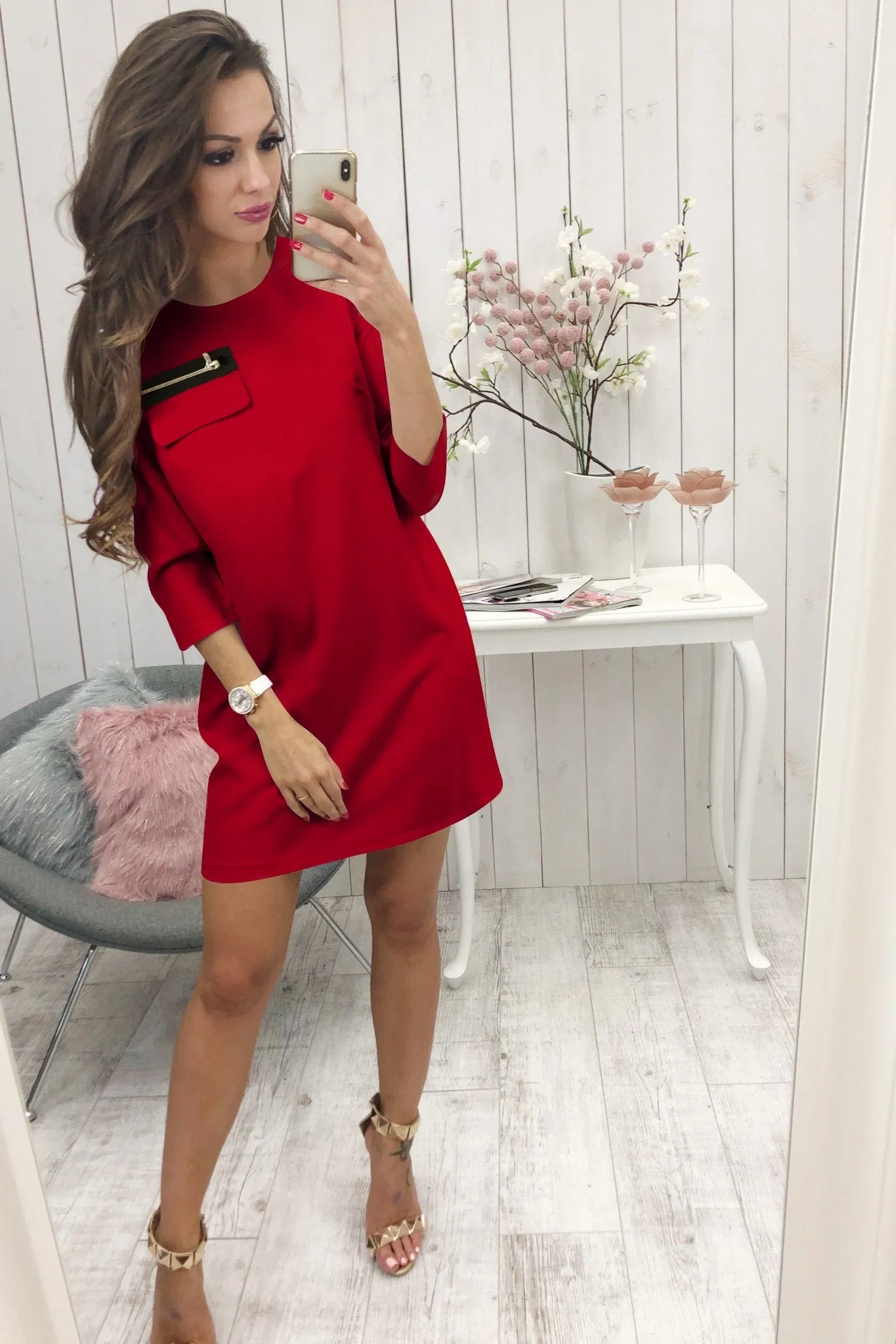 Black 3/4 Length Sleeve Plain Casual Crew Neck Mini Dress