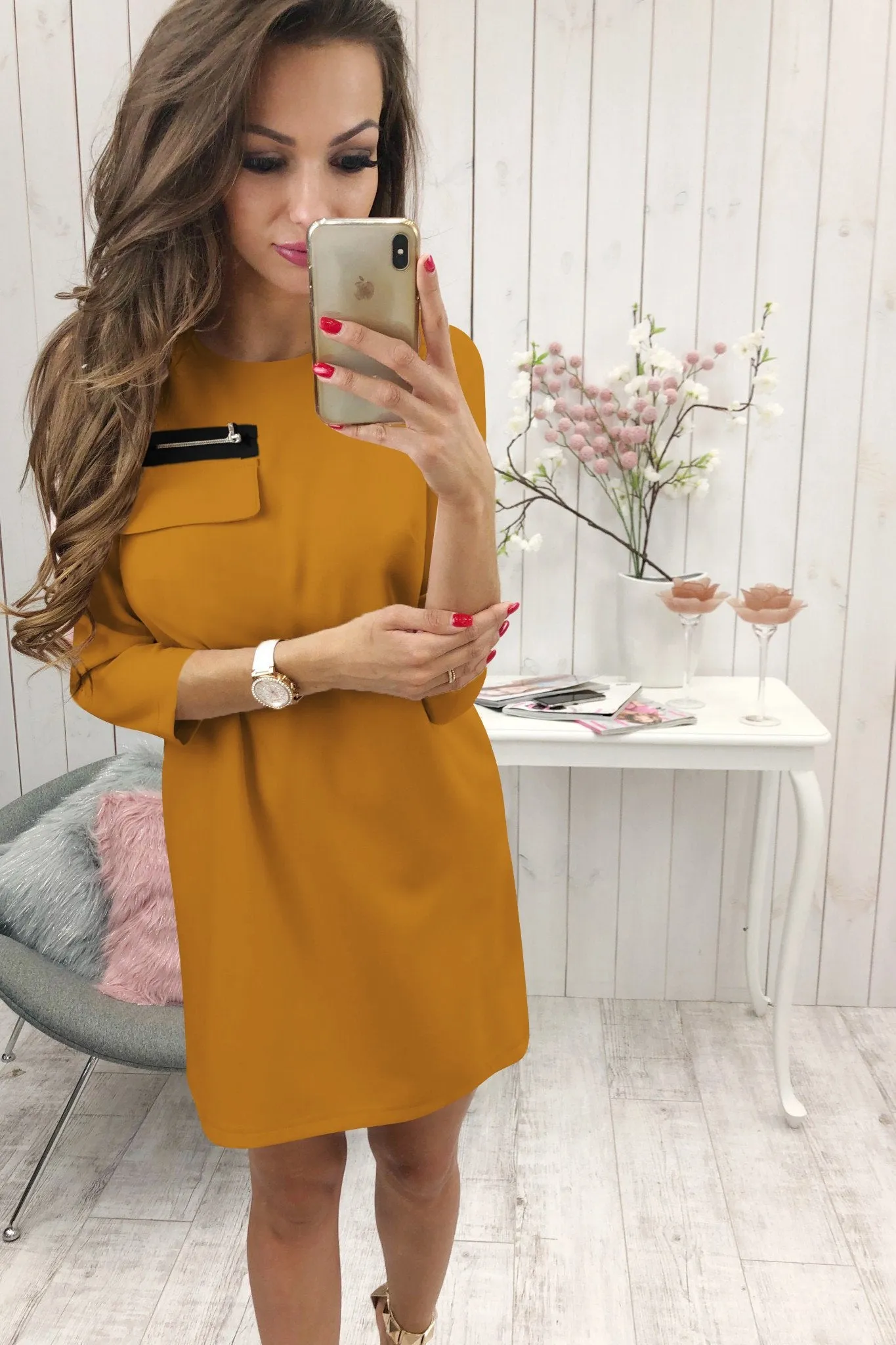 Black 3/4 Length Sleeve Plain Casual Crew Neck Mini Dress