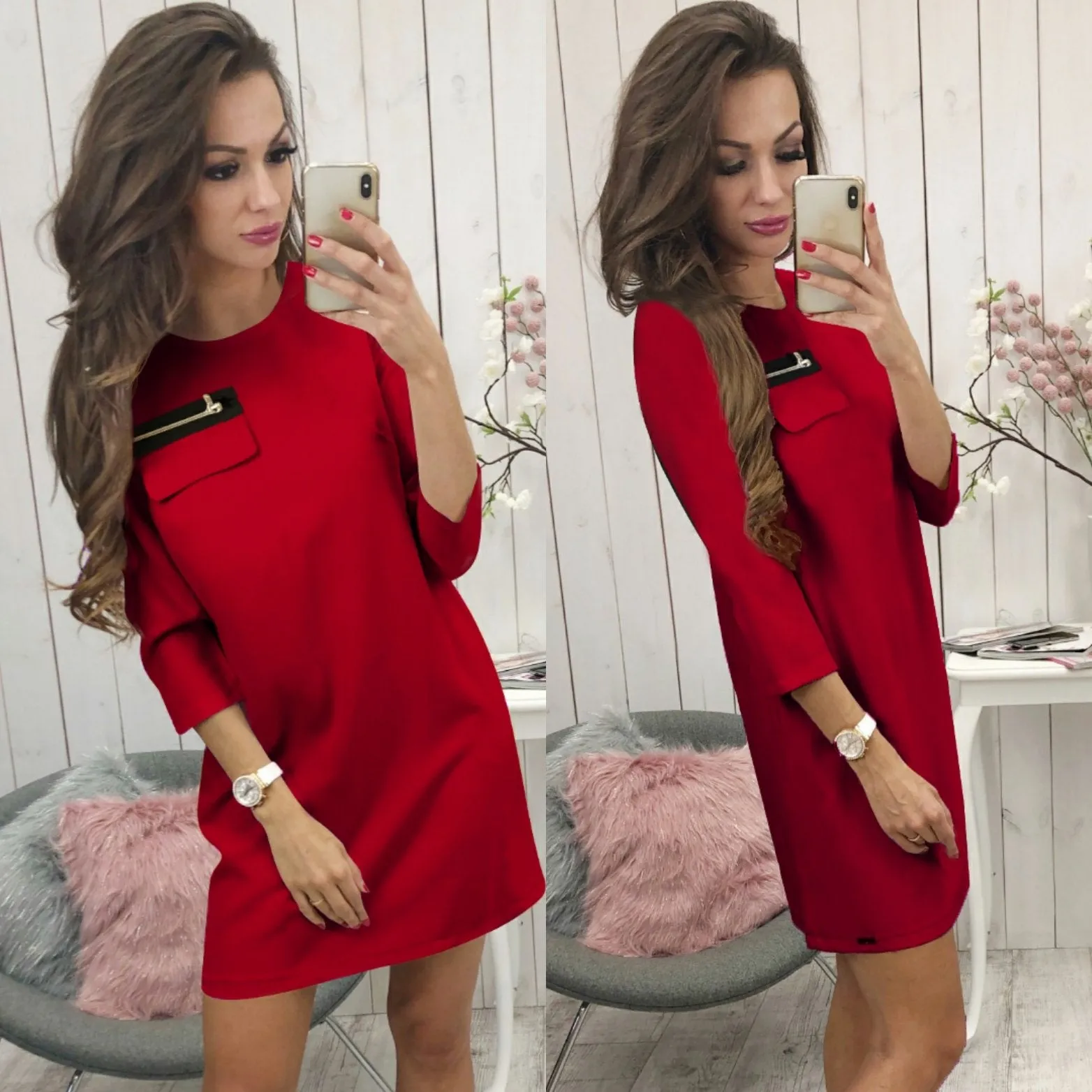 Black 3/4 Length Sleeve Plain Casual Crew Neck Mini Dress