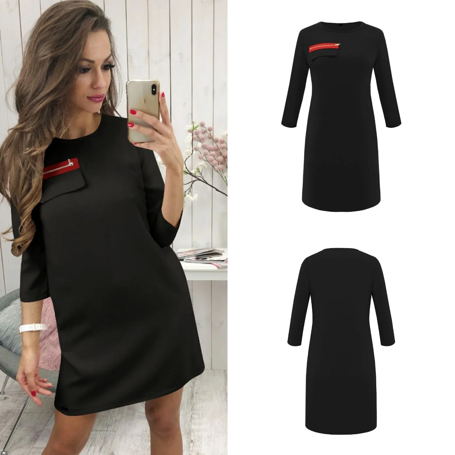 Black 3/4 Length Sleeve Plain Casual Crew Neck Mini Dress