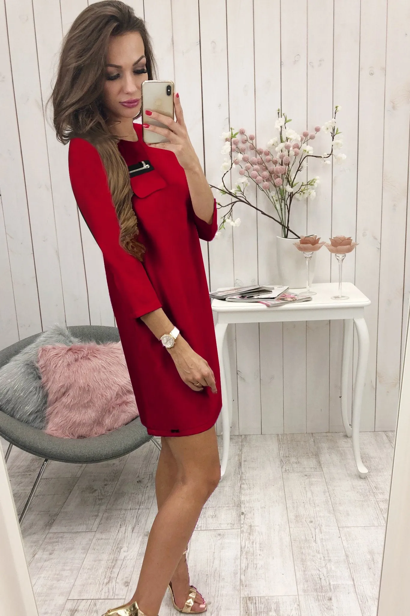 Black 3/4 Length Sleeve Plain Casual Crew Neck Mini Dress